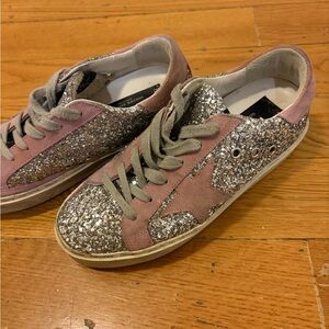 Golden Goose Pink and Silver Glitter Hi Star Sneakers 37